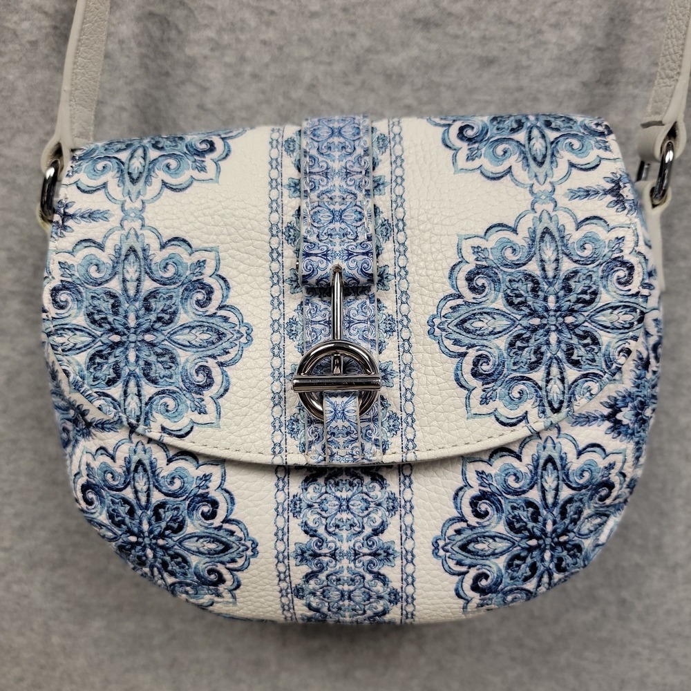Talbots Pebbled Leather Crossbody Bag White Blue Floral Print Baroque‎ Coastal